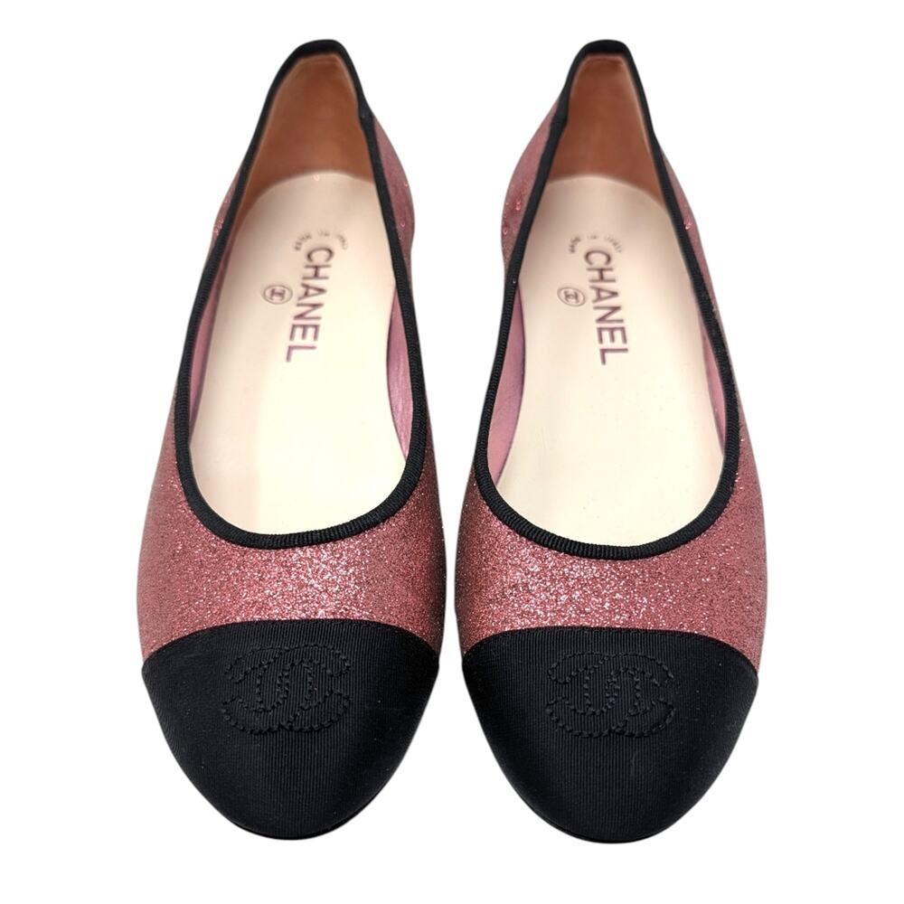 Chanel Ballet Block Heel Pumps Pink Glitter Grosgrain Cap Toe CC Logo 37.5 | 7 - Picture 4 of 13